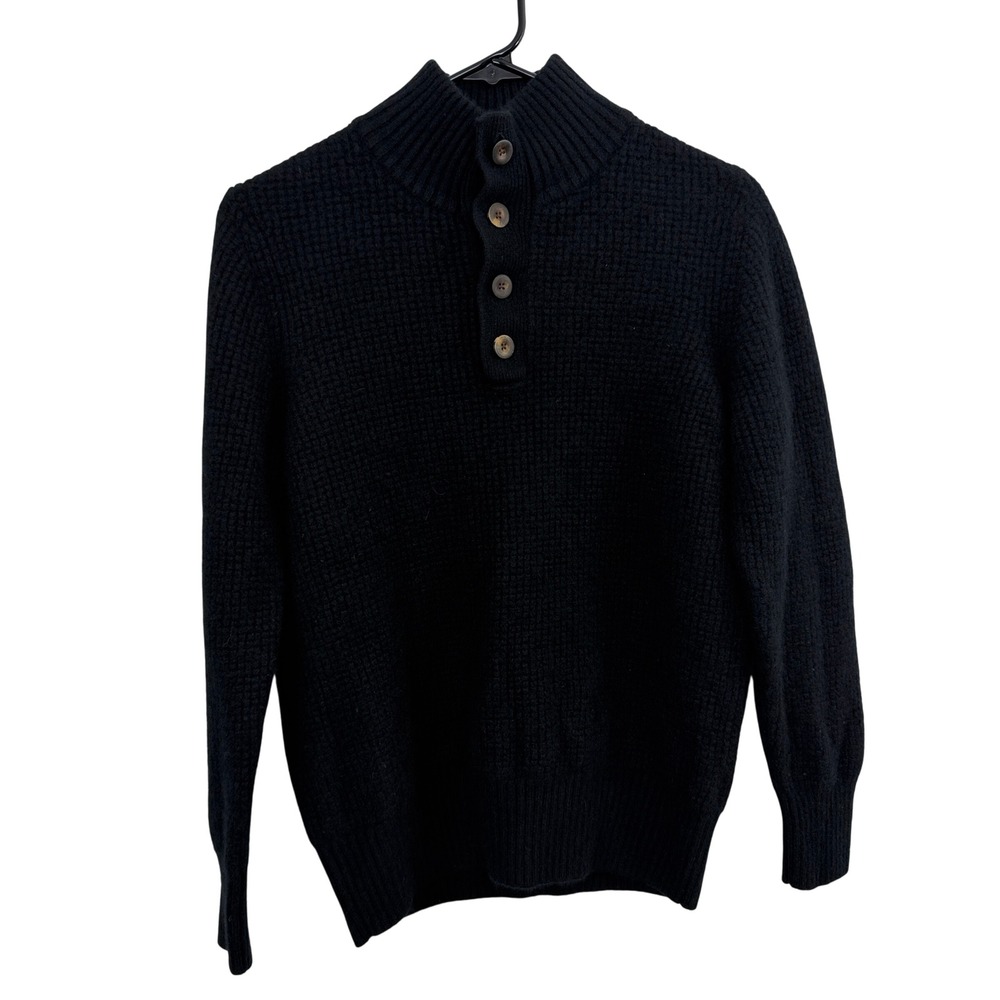 Quince Sweater Womens Size Medium Black Cashmere Waffle Knit Henley Mock Neck